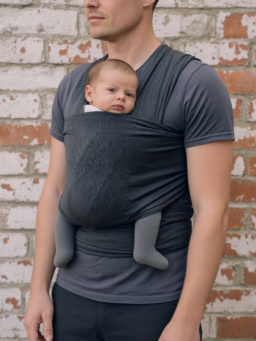 Een man draagt zijn baby in een grijze draagdoek, voor een bakstenen muur.